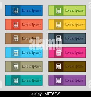 Calculator icon sign. Set of twelve rectangular, colorful, beautiful, high-quality buttons for the site. Vector illustration Stock Vector