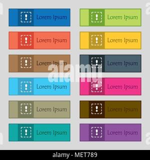 The exclamation point in a square icon sign. Set of twelve rectangular, colorful, beautiful, high-quality buttons for the site. Vector illustration Stock Vector