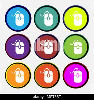Computer mouse icon sign. Nine multi colored round buttons. Vector illustration Stock Vector