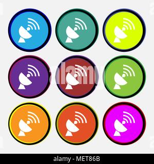 Satellite antenna icon sign. Nine multi colored round buttons. Vector illustration Stock Vector
