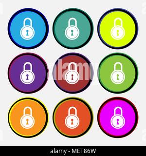 closed lock icon sign. Nine multi colored round buttons. Vector illustration Stock Vector