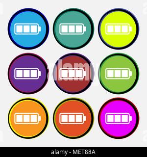 Battery fully charged icon sign. Nine multi colored round buttons. Vector illustration Stock Vector