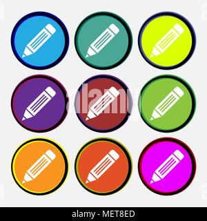 pen icon sign. Nine multi colored round buttons. Vector illustration Stock Vector