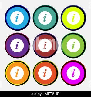 info icon sign. Nine multi colored round buttons. Vector illustration Stock Vector