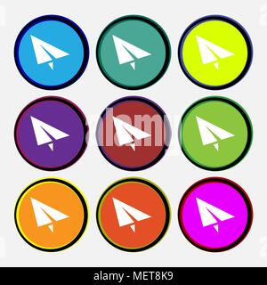 Paper airplane icon sign. Nine multi colored round buttons. Vector illustration Stock Vector