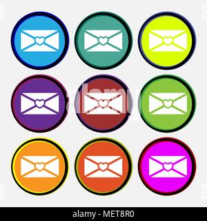 love letter icon sign. Nine multi colored round buttons. Vector illustration Stock Vector