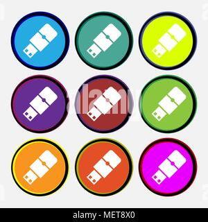 USB flash icon sign. Nine multi colored round buttons. Vector illustration Stock Vector