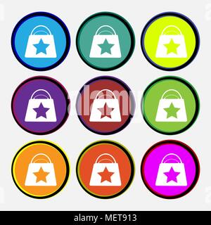 Shopping bag icon sign. Nine multi colored round buttons. Vector illustration Stock Vector