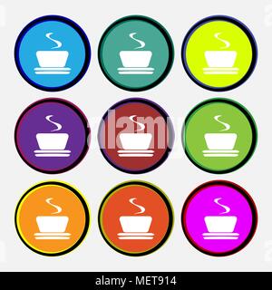 coffee, tea icon sign. Nine multi colored round buttons. Vector illustration Stock Vector