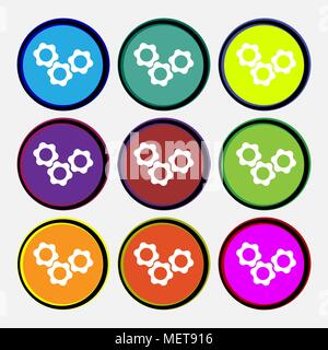 gears icon sign. Nine multi colored round buttons. Vector illustration Stock Vector