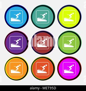 Skier icon sign. Nine multi colored round buttons. Vector illustration Stock Vector