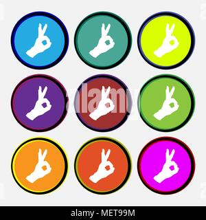 Gesture ok icon sign. Nine multi colored round buttons. Vector illustration Stock Vector