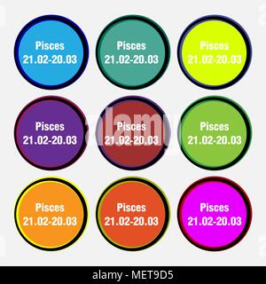 Pisces zodiac sign icon sign. Nine multi colored round buttons. Vector illustration Stock Vector