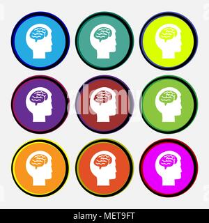 Brain icon sign. Nine multi colored round buttons. Vector illustration Stock Vector