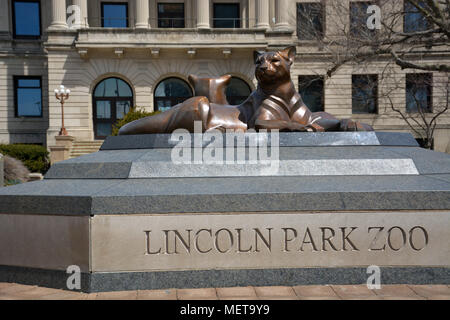 Bronze sculpture of two lions outside of the administrative offices of the Lincoln Park Zoo in Chicago. Stock Photo