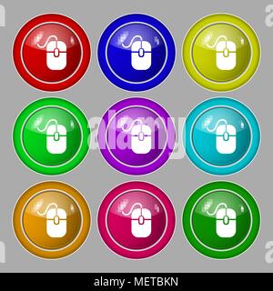 Computer mouse icon sign. symbol on nine round colourful buttons. Vector illustration Stock Vector