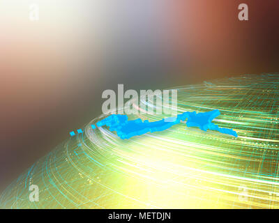 Moving Fast Light Beam and Japanese Map on Sphere Stock Photo