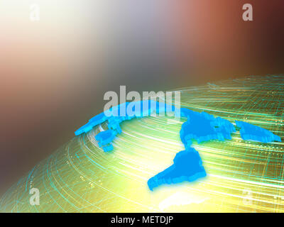 Moving Fast Light Beam and World Map on Sphere Stock Photo