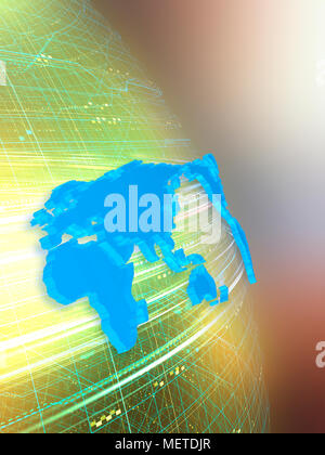 Moving Fast Light Beam and World Map on Sphere Stock Photo