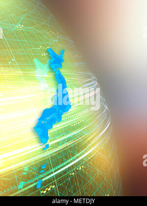 Moving Fast Light Beam and Japanese Map on Sphere Stock Photo