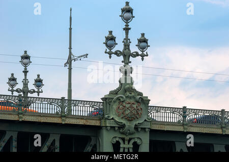 RUSSIA, SAINT PETERSBURG - AUGUST 18, 2017: Beautiful lantern on the Trinity bridge (Troitsky bridge). View from the Neva River Stock Photo