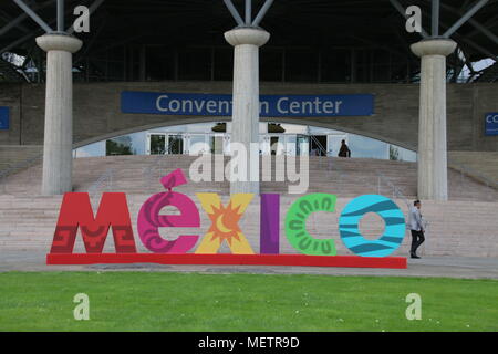 Hannover, Germany - April 23, 2018: The Convention Center of the world's largest industrial fair, the Hannover Fair, is preceded by the name Mexico. Mexico will be the partner country of the industrial fair in 2018. Stock Photo