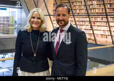 Riga, Latvia. 23rd April, 2018. Crown Prince Haakon , Crown Princess Mette-Marit of the Kingdom of Norway  at press conference in National Library of Latvia. Credit: Gints Ivuskans/Alamy Live News Stock Photo