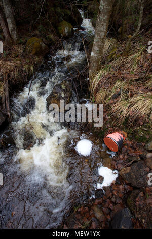 Waste water running from a pipe is causing a frothy foam on the surface of a forest creek. Stock Photo