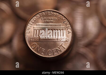 Close up of US one cent coins pile Stock Photo