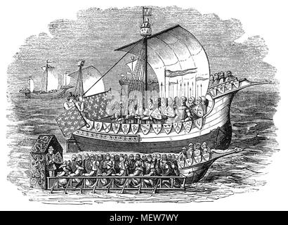 15th Century Medieval English ships of warwere powered by sail or oar, or both. Frequent communications withEurope meant exposure to a variety of improvements. Ships in the north were influenced by Viking vessels, while those in the south by classical or Roman vessels. However, there was technological change as traditional construction methods were changed from clinker to carvel construction, which would dominate the building of large ships. The period would also see a shift from the steering oar or side rudder to the stern rudder and the development from single to multi-masted ships. Stock Photo