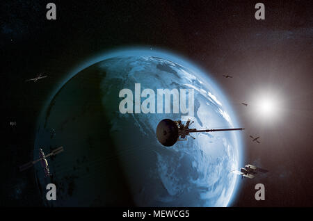 3D rendering of a satellites network orbiting planet earth Stock Photo