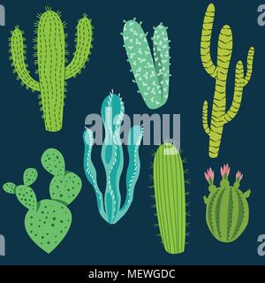 Various cactus plants in different shapes and shades of green. Stock Vector