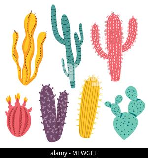 Various colorful cactus and succulent plants in different shapes. Vector illustration Stock Vector