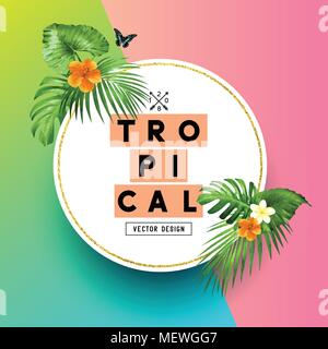 A bright and colourful summer tropical background design with palm leaves and Hibiscus flowers. Vector illustration. Stock Vector