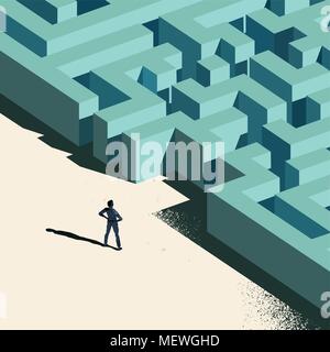 Business Challenge - Labyrinth Ahead. A person standing at the entrance to a maze. Conceptual vector illustration. Stock Vector