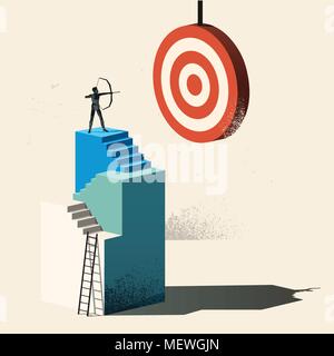 Business Target - Aim High. A person climbing up to a high point to reach a target. Conceptual vector illustration. Stock Vector