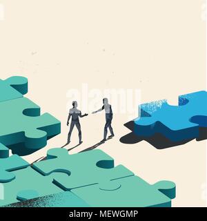 Final Piece Of The Puzzle. Two Businessmen about to shake hands over trading a jigsaw puzzle piece needed for the solution. Conceptual vector Stock Vector