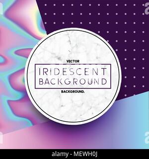 Marble circle label design with iridescent holographic textures and patterns in the background. Vector illustration. Stock Vector