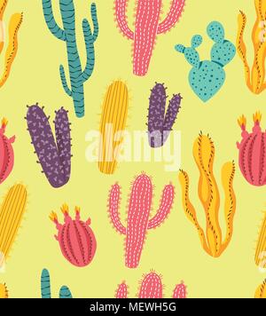 Seamless colorful cactus and succulent plants in different shapes. Vector illustration Stock Vector