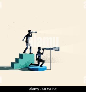 Seeking business opportunities. Two people searching the horizon with telescopes. Conceptual vector illustration. Stock Vector
