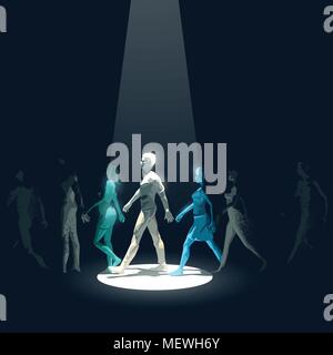 A spotlight beam pointing out an individual from a group of walking people making him stand out from the crowd. Business concept vector illustration. Stock Vector