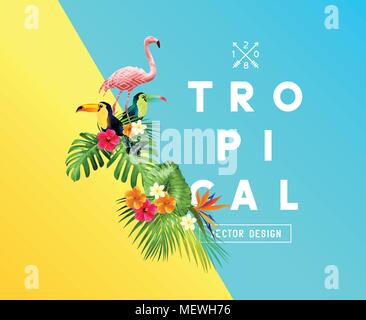 A set of bright tropical floral elements with Hibiscus flowers, toucans and Flamingos and a set of palm leaves. Vector illustration Stock Vector