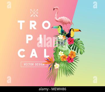 Bright tropical floral elements with Hibiscus flowers, toucans and Flamingos and a set of palm leaves on a gradient background. Vector illustration Stock Vector