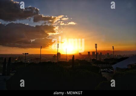 Catalan Sunset over the Barcelona Olympic Park, Barcelona, Catalonia, Spain Stock Photo