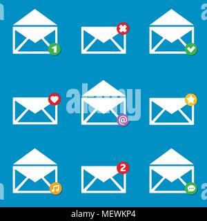 Email mailbox icons set of 9 envelopes for messages. Vector illustration. Stock Vector