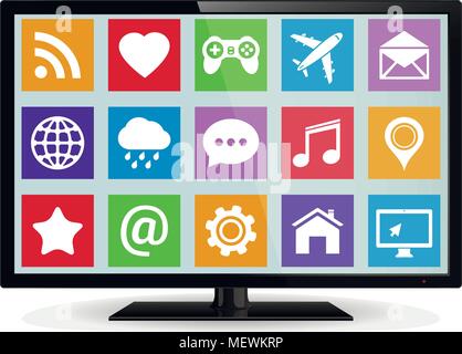 Modern LCD smart TV with application icons. Vector illustration Stock Vector