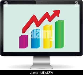 Computer display with graph on the screen isolated on white background. Vector illustration. Stock Vector