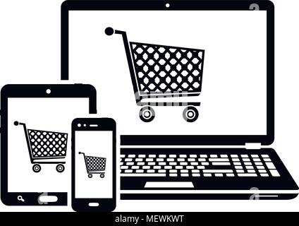 Modern technology devices icons with shopping cart sign. Isolated on white background. Vector illustration. Stock Vector