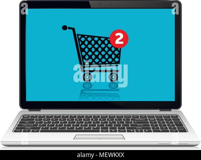 Laptop computer showing a shopping trolley, representing shopping on the Internet Stock Vector