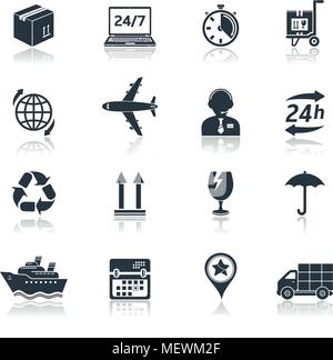 Delivery and transportation icons with reflection, isolated on white background Stock Vector